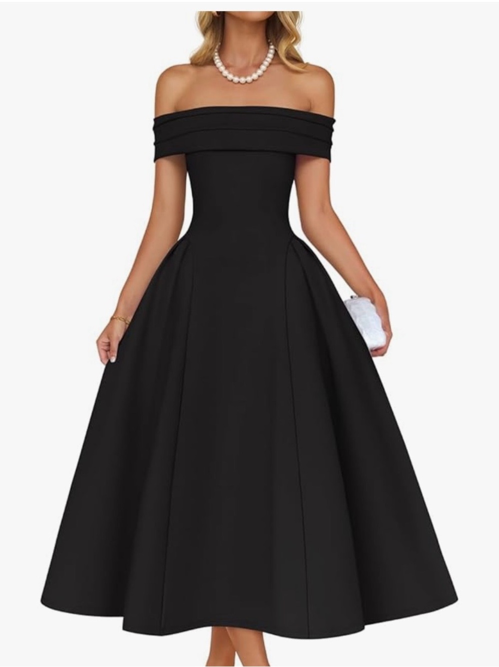 Off-Shoulder Black Midi Dress - Classic Elegant Evening